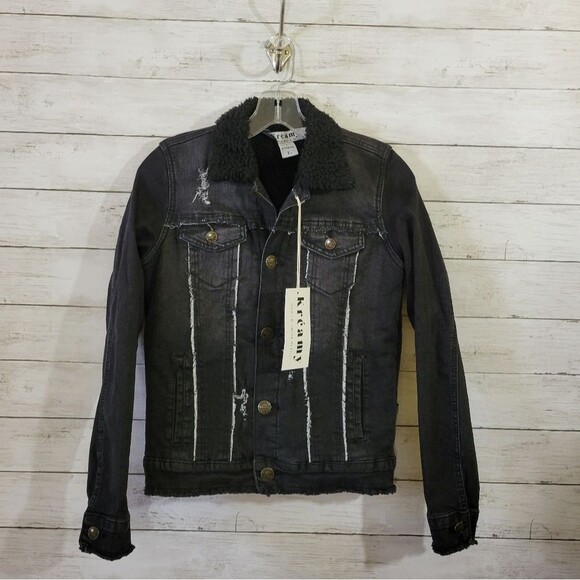Boutique Brand Sherpa Lined Black Denim Jean Jacket Raw Frayed Hem Size XS/Small - Picture 2 of 11